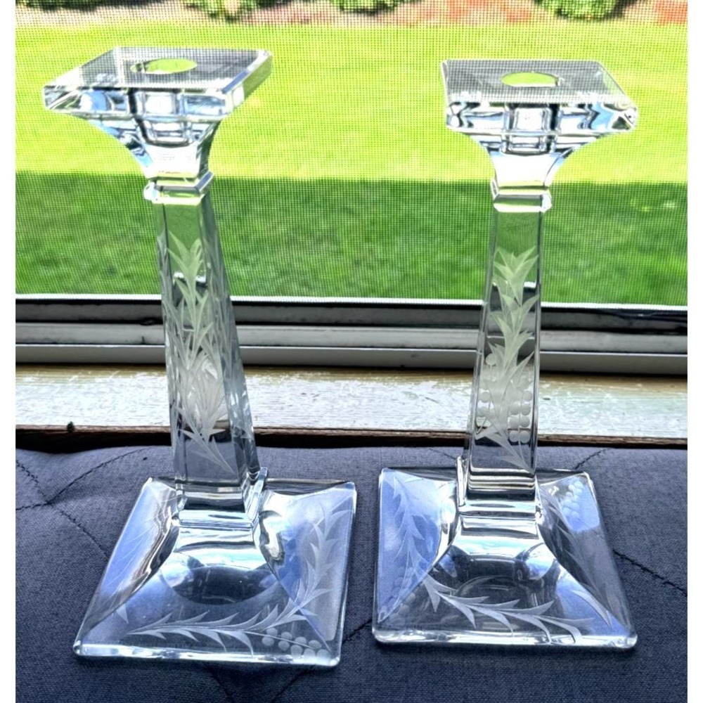 Vintage Heisey Etched Crystal 9" Glass Candlesticks Pair of 2